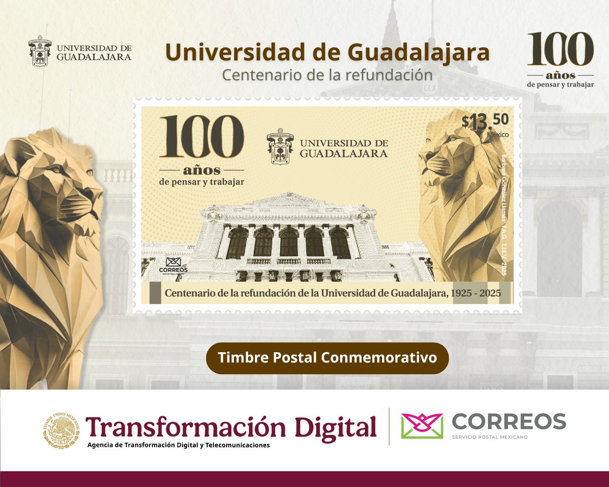 🎓📮 Nos unimos a la celebración de la <a href="/udg_oficial/">Universidad de Guadalajara</a>  con la ceremonia de primer día de emisión del timbre postal por su centenario.

Esta estampilla viajará en cada sobre, llevando en centímetros un homenaje a un siglo de pensar y trabajar. ✨

#100AñosUdeG #CorreosDeMéxico
