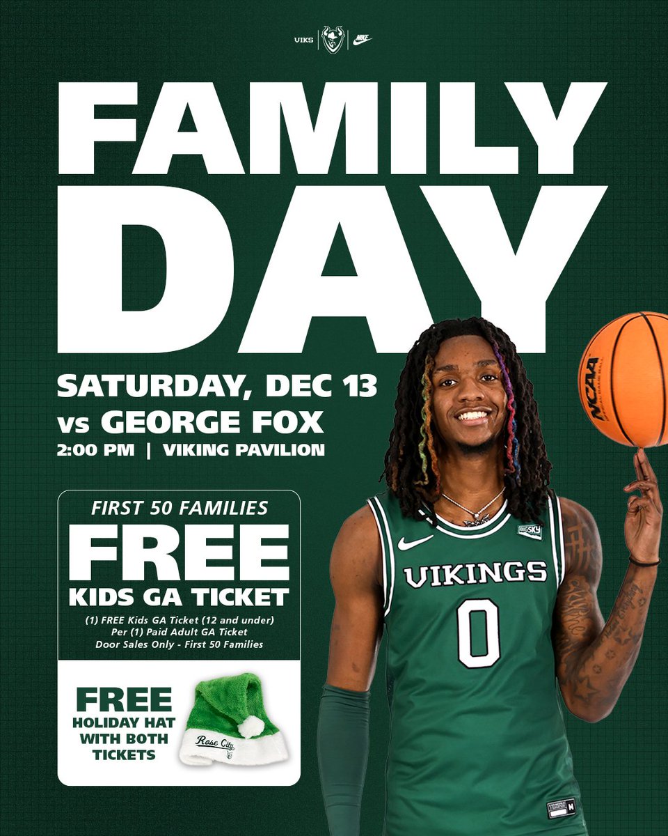 Family Day

The first 50 families buying tickets at the door Saturday (2 p.m. tip) can score a deal. One free GA kids ticket (ages 12 and under) for every adult ticket purchased. 

Families will also score a free Rose City Santa hat for each ticket. 🎅

#GoViks | #DefendTheShip