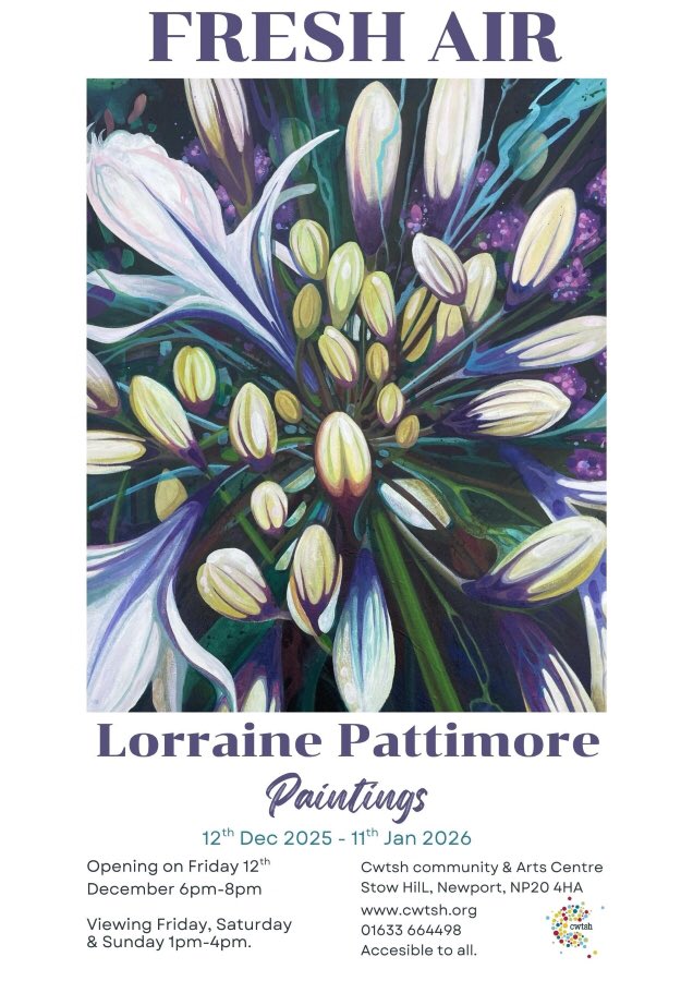 RoderickAlan2's tweet image. CWTSH LAUNCH: It's tomorrow night! You are cordially invited to the launch of ‘Fresh Air ‘by Newport-based artist Lorraine Pattimore on Friday 12th December 6-8 pm at the Cwtsh Gallery. All are welcome! Lorraine was formerly Head of Art at Bassaleg School.