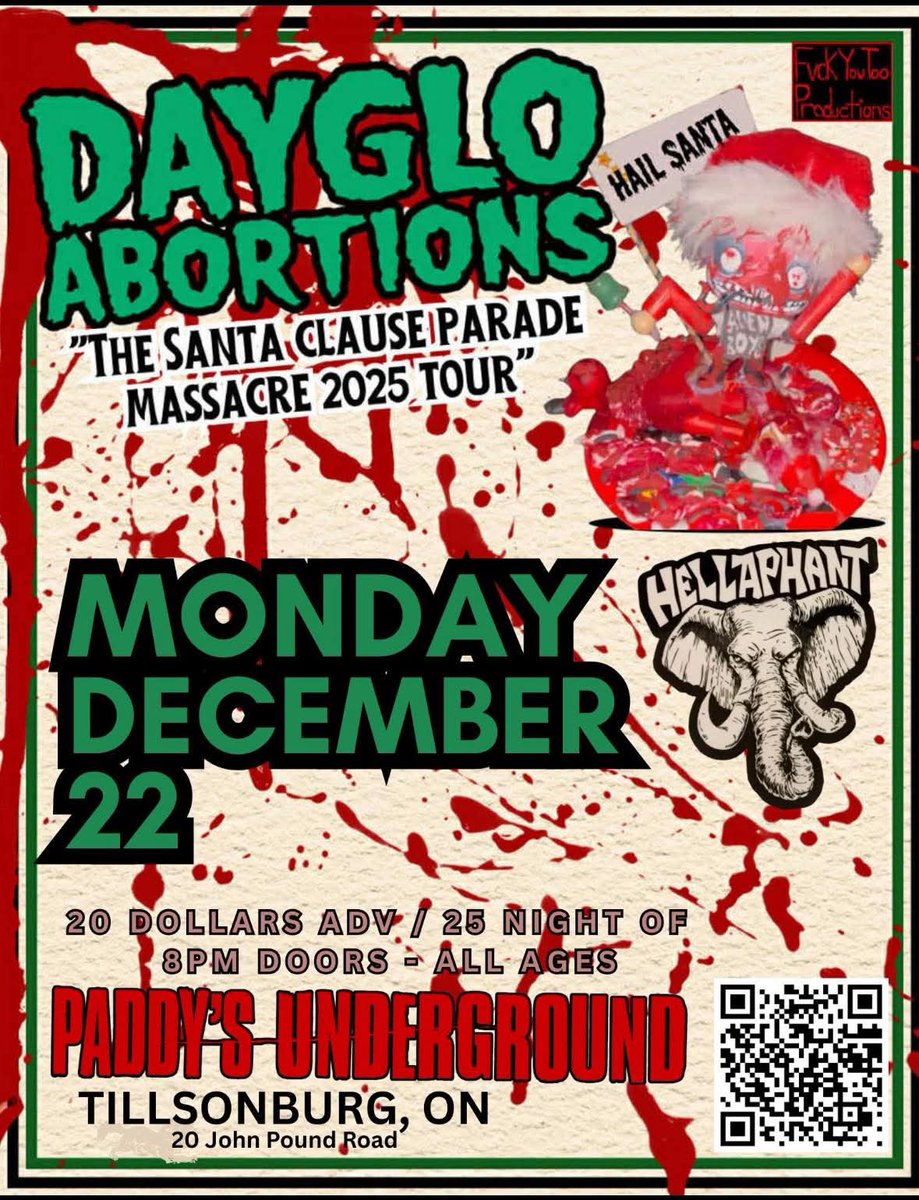 Hellaphant will be opening up for #DaygloAbortions on their #SantaClauseParadeMassacre tour in #Tillsonburg #Ontario December 22! Get tix here: eventbrite.ca/e/dayglo-abort…

#livemusic #punkrock #Music #Punk #Ontario #Canada #Events #Concert #Christmas #HolidaySeason