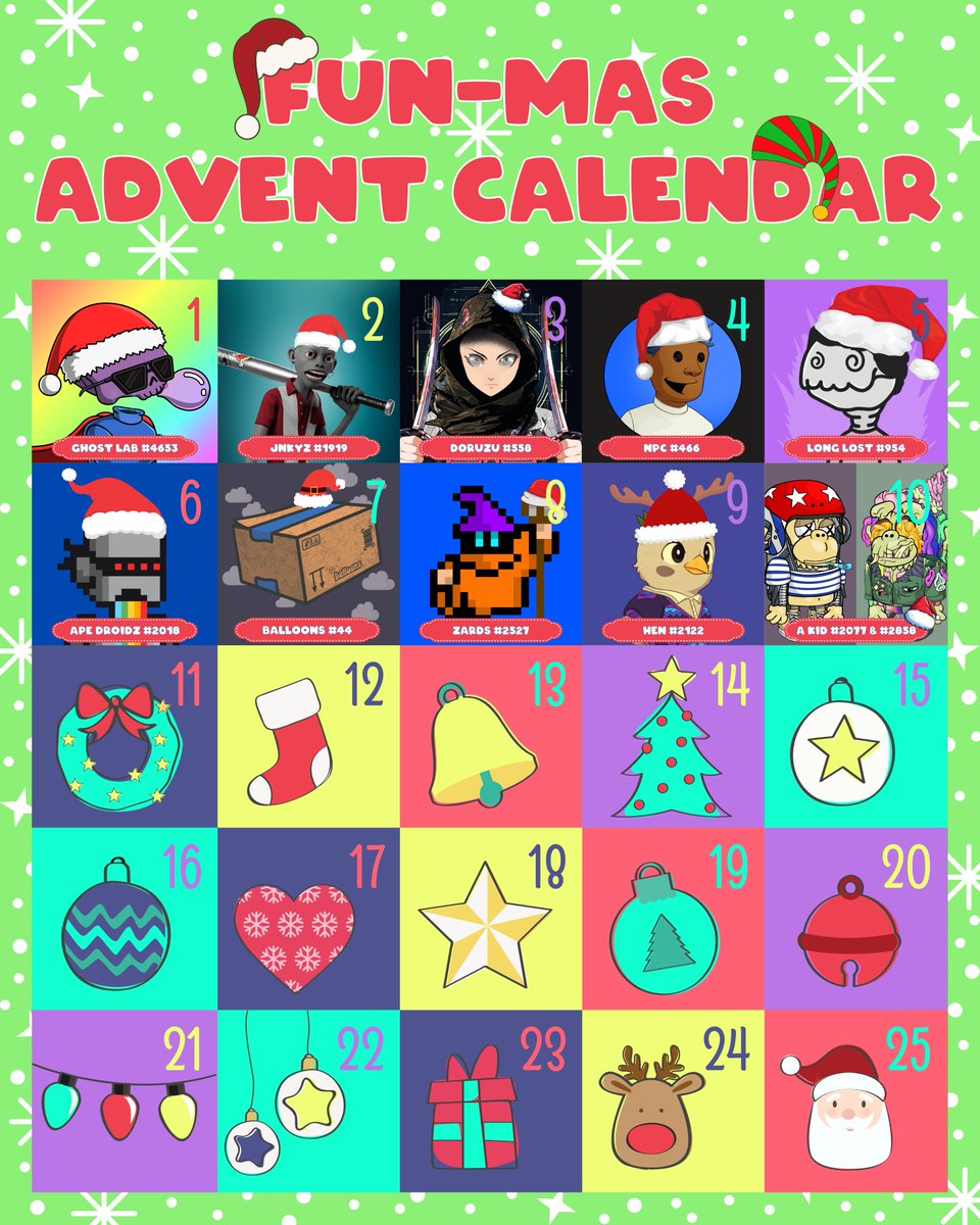 🎅 Congratulations to our next 5 Advent Calendar winners... 

🌟 <a href="/ApeDroidz/">ApeDroidz</a> won by <a href="/Ninersman1/">🪐NιɳҽɾʂMan</a> 
🎄 <a href="/balloonsonape/">Balloons🎈</a> won by <a href="/sonashubash/">Sona Shubash</a> 
🎁 <a href="/ZardsNFT/">Zards®</a> won by <a href="/RoyalStamina/">Stamina</a> 
❄️ <a href="/_HenHouseNFT/">Hen House 🐔</a> won by <a href="/ParadigmShifter/">🥚Paradigm Shifter</a> 
⛄️ <a href="/AKidOnApe/">A KID</a> won by <a href="/bk718born/">BkBorn</a> 

And to <a href="/Happy2yu2yu/">HappyTuyuTuyu 🥳</a> <a href="/CryptoLab_1/">Crypto LAB</a>