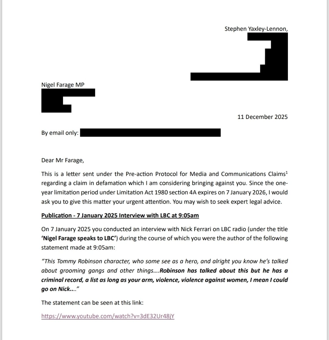 TRobinsonNewEra's tweet image. See below Pre-Action letter sent to @Nigel_Farage this evening. 

Enough is enough, I am entitled to the protection of the law as much as anyone else, and making false statements about me does me harm and can actually put me in physical danger. 

The legal process will now have…