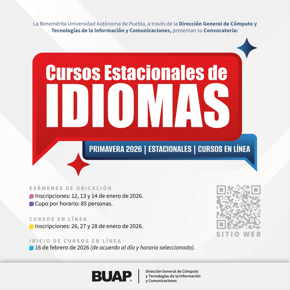 TvredBUAP's tweet photo. Cursos Estacionales de Idiomas Primavera 2026
https://t.co/YAhltwp0fe https://t.co/R74cvvwp87