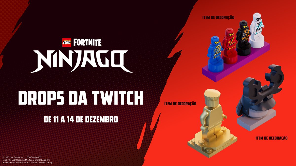 Assista aos seus streamers favoritos de LEGO Fortnite na Twitch e ganhe esses itens de decoração com tema de NINJAGO!