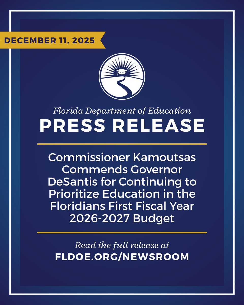 Yesterday, <a href="/StasiKamoutsas/">Anastasios Kamoutsas</a> and the Florida Department of Education celebrated <a href="/GovRonDeSantis/">Ron DeSantis</a> for his ongoing dedication to preserving Florida’s standing as the nation’s leaders in education. Read the full release: bit.ly/4q3zS6Q