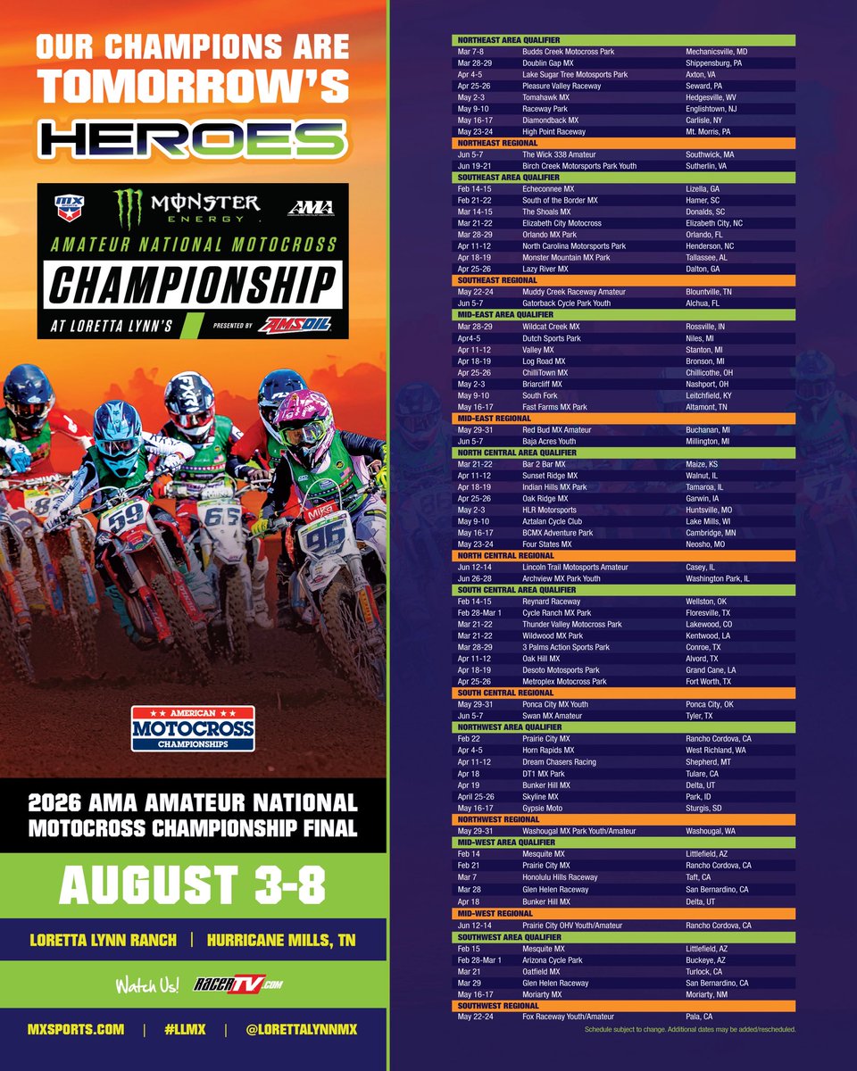 We’re ready to bring you LIVE coverage of the 2026 Monster Energy AMA Amateur National Motocross Championship from Loretta Lynn’s 🏆

Good luck next year on your Road to Loretta’s 💪 @lorettalynnmx #LLMX