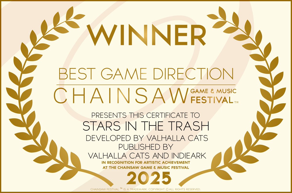 Best Game Direction 🏆for Stars in the Trash ✨🗑️
I can’t believe it! 🥹 Thank you so much <a href="/ChainsawGMF/">Chainsaw Game and Music Festival</a> 

Here are all the games:
👇👇👇👇
chainsawfestival.modifiergroup.com