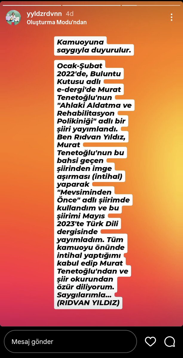 murattenetoglu's tweet photo. Rıdvan Yıldız'ın açıklaması...
Benim şiirimden aşırma (intihal) yaptığını kabul edip özür diledi. https://t.co/sIE5IVp5EG