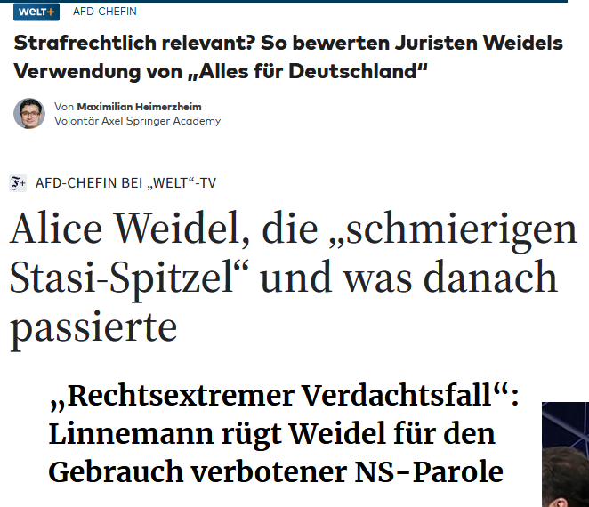 Ihr seht aktuelle Zeitungsüberschriften.
Optimismus:
Kann es sein, dass Weidel jetzt kritischer begegnet wird?
Pessismismus:
Nö! Morgen machen sie weiter wie bisher.
Ich bin ein optimistischer Zeitgenosse.😃
Mit pessimistischen Einsprengseln.😒