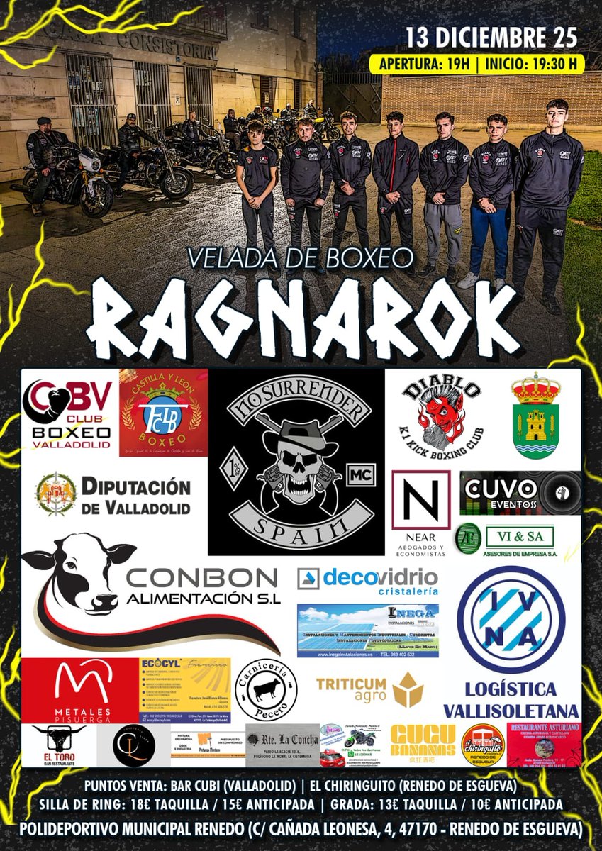 ¡VELADA DE BOXEO "RAGNAROK"!
13 DE DICIEMBRE 2025
Apertura del Polideportivo: 19 h.
Inicio: 19:30 h.