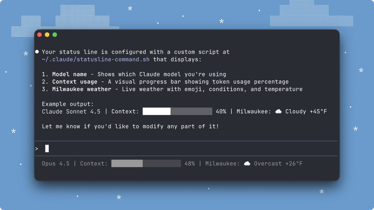 이제 상태 표시줄에 컨텍스트 창 정보를 추가할 수 있습니다.
/statusline 명령어를 사용하여 상태 표시줄을 사용자 지정하세요. Claude에게 현재 사용 중인 컨텍스트의 백분율을 보여주는 진행률 표시줄을