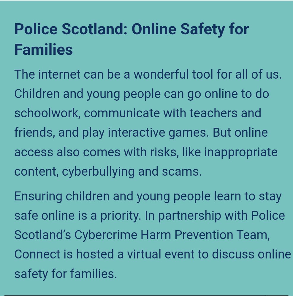 noble_parent's tweet photo. In partnership with Police Scotland’s Cybercrime Harm Prevention Team, Connect hosted the following virtual event to discuss online safety for families.

https://t.co/r6bfDBM6r6 https://t.co/iHAkFoCVLj