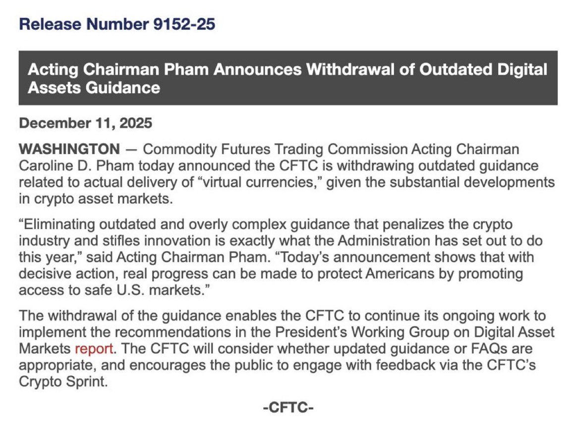 gainzalgo's tweet image. UST IN: US 🇺🇸 CFTC announces withdrawal of &apos;outdated&apos; crypto guidance