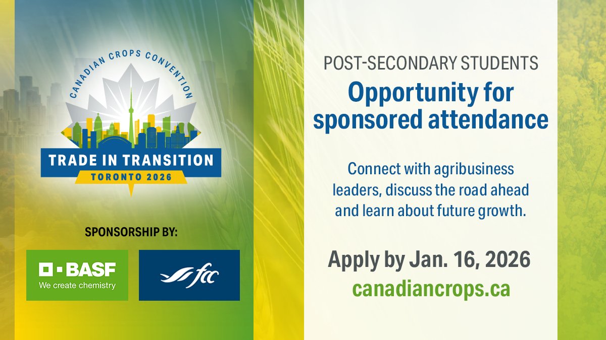 We're thrilled to welcome the next generation of ag leaders to #CdnCrops26! 

Thanks to <a href="/BASF/">BASF</a> and <a href="/FCCagriculture/">Farm Credit Canada</a>, six students will gain invaluable insights and connections. Learn more about applying as a sponsored student and please share with those who may be interested: