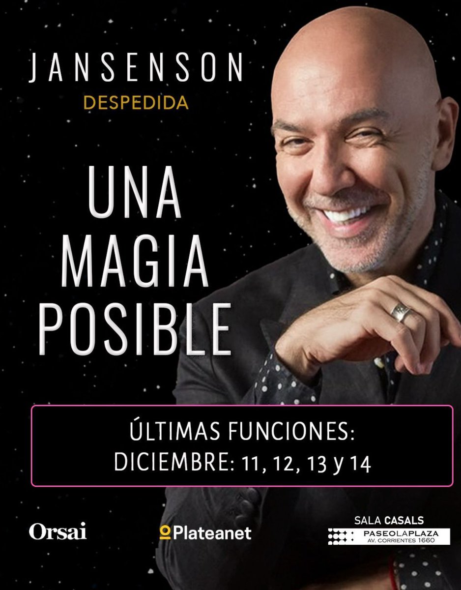 Una Magia Posible ✨ es un viaje íntimo de 90 minutos donde la ilusión sucede en tus manos.
Quedan solo 4 funciones ❤️ (60 personas en la Sala Casals).
Incluye Kit Dulce 🍬 y bebida 🥂.
Última oportunidad antes de su 2026 en cruceros 🚢
Entradas 👉 plateanet.com/obra/30770?obr…