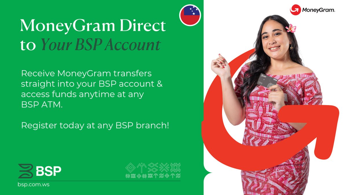 BSP Samoa| Receive money straight into your BSP account
It’s fast, safe, and eliminates the need to collect cash in person.
#MoneyGramToBSP #SmartBanking #BSPDigital #BankWithPurpose