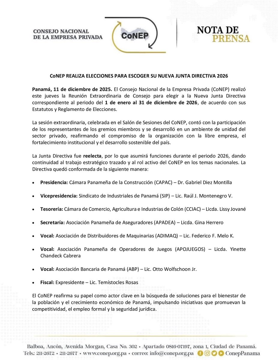 Te invitamos a conocer en detalle la Nota de Prensa del Consejo Nacional de la Empresa Privada (CoNEP). 🗳️📄 Referente a las elecciones de nuestra nueva Junta Directiva 2026.

#ConsejoNacional #CoNEP
