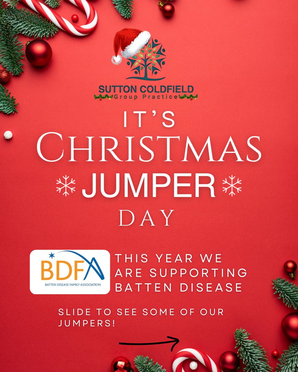 _SCGP_'s tweet image. We’re celebrating Christmas Jumper Day and supporting the Batten Disease charity — all while rocking jumpers that could probably be seen from space! 🛰️
Tell us… how fabulous was your Christmas jumper today? 👇🎁
#christmasjumperday #battendisease #suttoncoldfieldgrouppractice