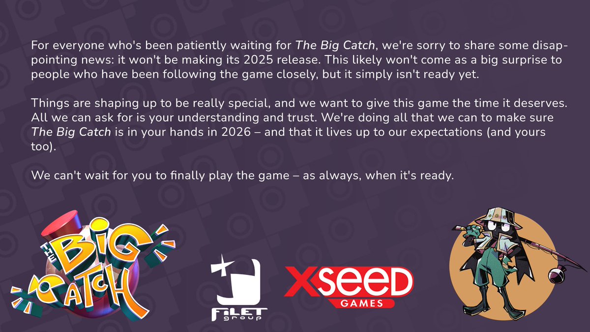 We wanted to share an update on the release timing of #TheBigCatch.

Thanks for your patience. We'll have more to share in the new year. 🎣
