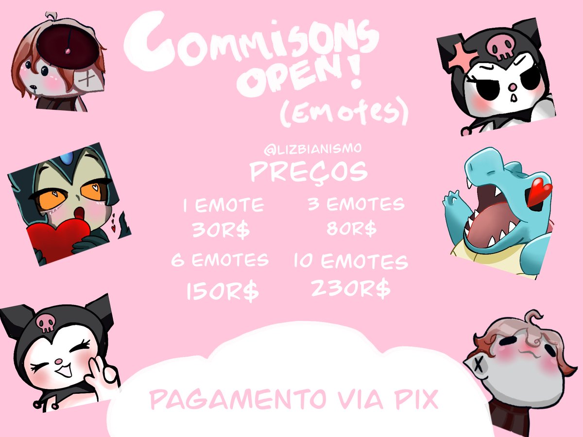 lizbianismo's tweet photo. COMISSOES OPEN!!

oii gente eu sou a mia e estou arrecadando dinheiro pra montar um pczinho pra trabalhar/estudar/streamar

as comissoes sao de emotes e os preços estao na tabelinha junto com exemplos de emotes q eu fiz

meu portfolio completo esta na bio 

quaisquer duvidas DM https://t.co/CUmgpqlkeI