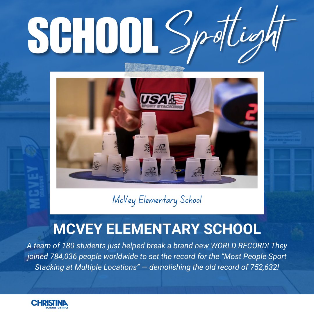 🎉🏆 Big news from <a href="/McVeyElementary/">McVey Elementary School</a>! A team of 180 students just helped break a brand-new WORLD RECORD! 🌍💥 They joined 784,036 people worldwide to set the record for the “Most People Sport Stacking at Multiple Locations” — demolishing the old record of 752,632! #ChristinaStrong