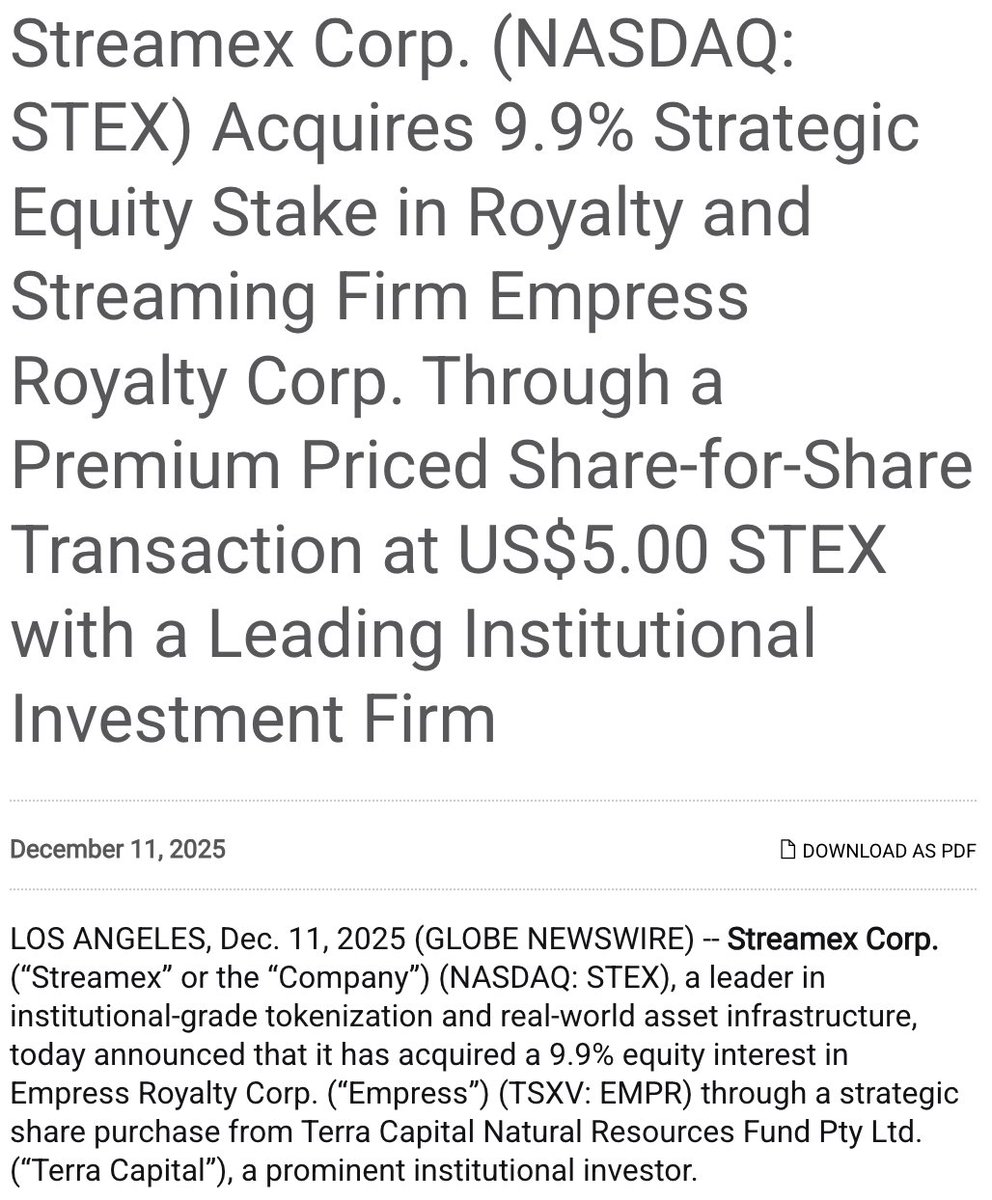 chooserich's tweet photo. I previously mentioned that Streamex is becoming the leader in real world assets.

They did a $100MM gold fund and now they've announced another $15mm through publicly traded $EMPR

It's a known fact that stablecoins are the future and $STEX is at the forefront. https://t.co/lFKTJ1efqp