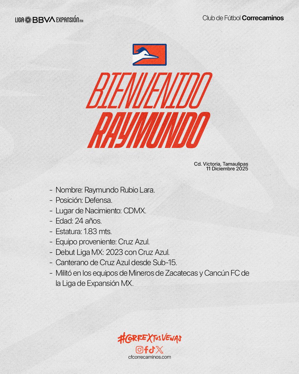 CFCorrecaminos's tweet photo. El Club de Futbol Correcaminos le da la Bienvenida a Raymundo Rubio 🙌🏼 como nuevo refuerzo para el CL 2026 de la Liga de Expansión ⚽️

¡Juntos Escribiremos una Nueva Historia! 💙🧡🤍

#CorreXTusVenas https://t.co/Dampeuzbwu