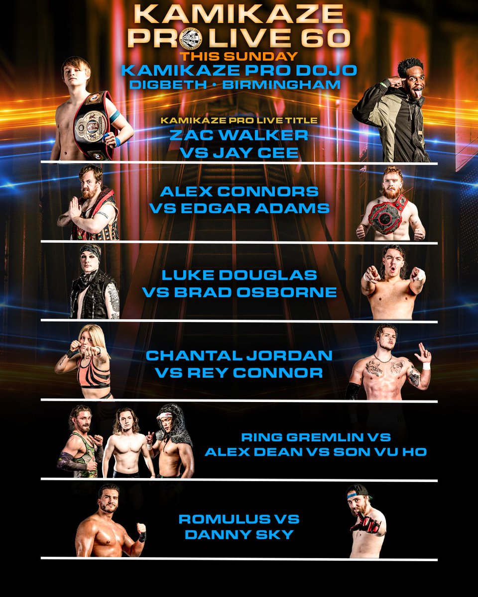 KamikazeProUK's tweet photo. The full card for #KPLive60 this Sunday at the Kamikaze Pro Dojo in Birmingham

@chantaljordan_ vs Rey Connor
Ring Gremlin vs @AlexDeanpw vs Son Vu Ho
Romulus vs Danny Sky

Tickets:
https://t.co/BFY3pdhrcf https://t.co/PBomdZpvOD