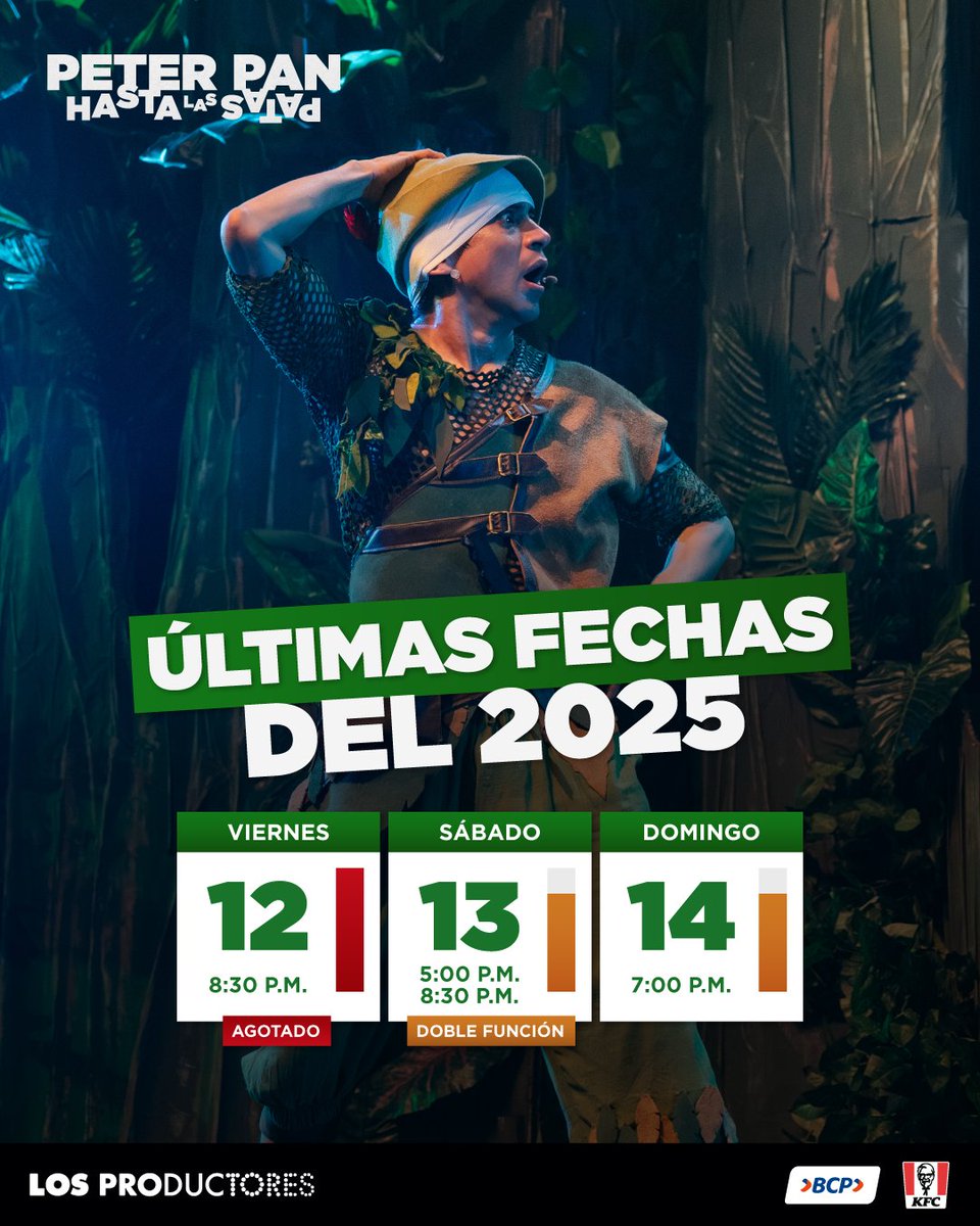 ❗️ÚLTIMAS ENTRADAS❗️Se acaba la temporada 2025 de #PeterPanHastaLasPatas 🧚‍♀️ 

Compra tus entradas con tiempo y no te pierdas esta comedia 🔥🚨 LAS ENTRADAS ESTÁN VOLANDO🚨
*Apta para mayores de 14 años

📅 De viernes a domingo (sábado doble función)
🎟Compra tus entradas en el