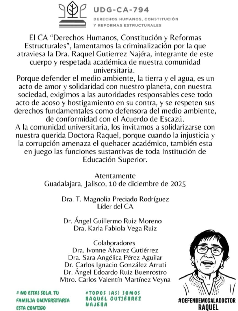 IDEAACMX's tweet photo. El Cuerpo Académico al que pertenece la doctora #RaquelGutiérrezNájera, en la @udg_oficial, se ha pronunciado en contra del hostigamiento judicial y la criminalización de la labor de defensa ambiental que ella realiza. https://t.co/pnUF6KnyZ7