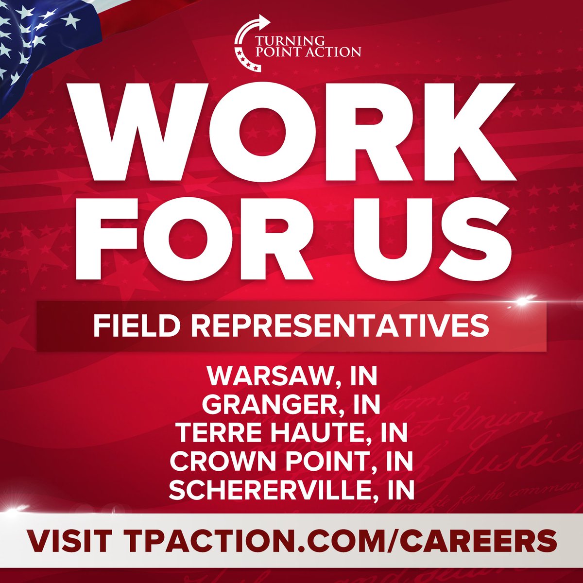 We are HIRING in Indiana! Hoosiers, get ready to join the <a href="/TPAction_/">Turning Point Action</a> team!

So excited to roll out our first set of Field Representative openings in the following areas.

Accountability on full blast. Check out TPaction.com/careers