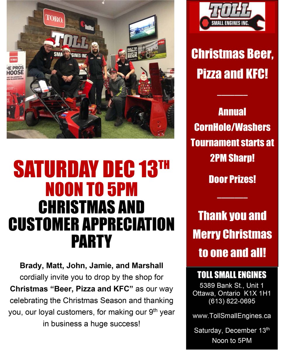 Just a quick reminder - we hope to see all our <a href="/TollSmallEngine/">TollSmallEngines</a> clients this Sat (Dec 13th) from Noon to 5PM at our 9th Annual 'Beer, Pizza and KFC' Christmas Party/Customer Appreciation Event!

Looking forward to thanking you all in person and wishing you all a Merry Christmas!