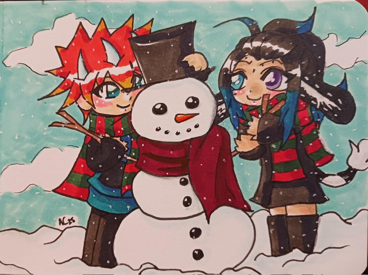 Added some Copic marker and Posca paint to my Christmas chibis of my vtuber and by husband's <a href="/joshitricara/">JoshiDrawsStuff</a> . The holidays are tough for me, but I'm trying to change that. ❤️

#artmoots #rkgk #ocs #traditionalart