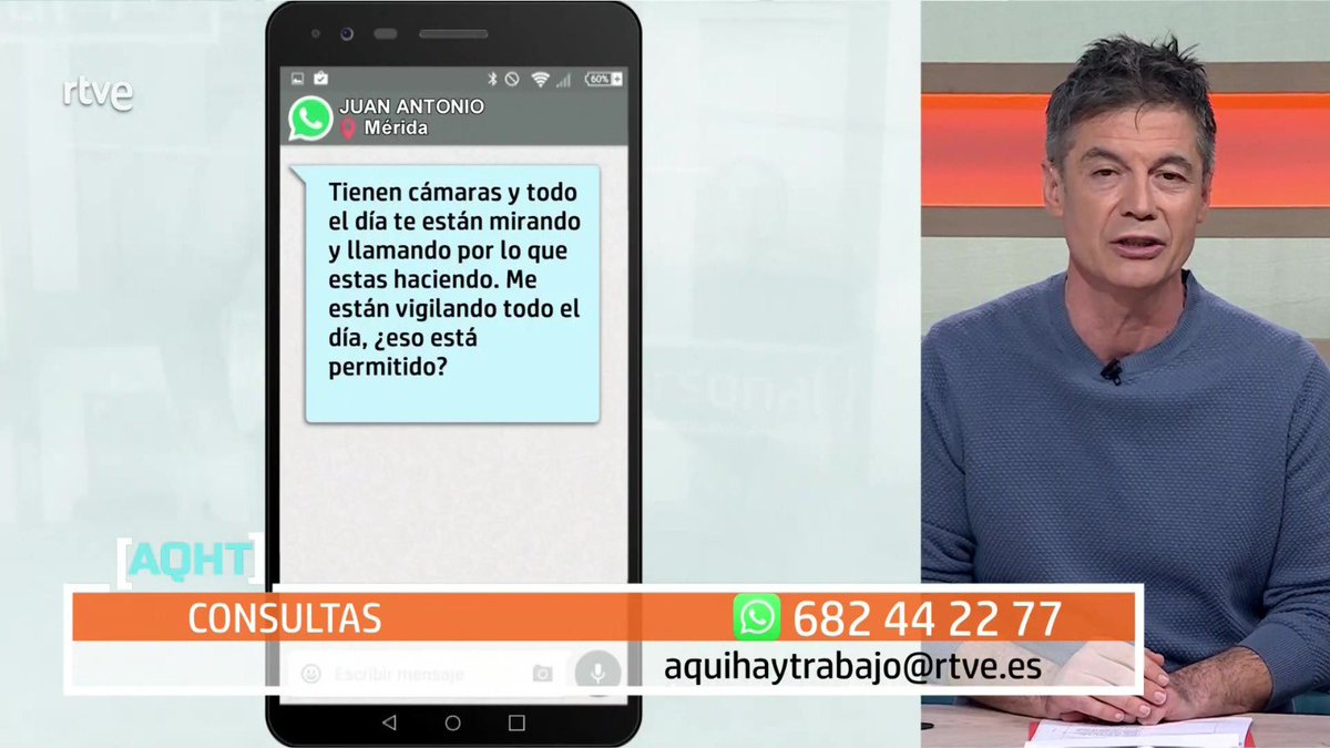Hoy en <a href="/AQHT_TVE/">Aquí hay trabajo</a> hemos contestado a la pregunta de Juan Antonio

La empresa no puede grabarle en su trabajo si:

🔹no respeta su intimidad y dignidad

🔹Las grabaciones no son proporcionales

🔹no se comunica antes 

Aquí te contamos cómo denunciar ⬇️

🔗rtve.es/play/videos/aq…