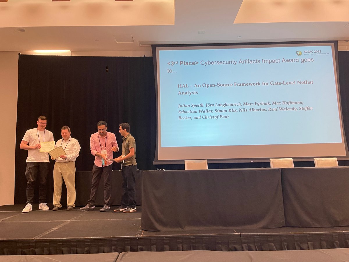 ACSAC_Conf's tweet photo. 👏👏👏 2nd place goes to XMap by Xiang Li, Zixuan Xie, Lu Sun, Yuqi Qiu, Zuyao Xu, Zheli Liu
👏👏👏 3rd place goes to HAL by Julian Speith, Jörn Langheinrich, Marc Fyrbiak, Max Hoffmann, Sebastian Wallat, Simon Klix, Nils Albartus, René Walendy, Steffen Becker, and Christof Paar https://t.co/qcdHuO3hcE