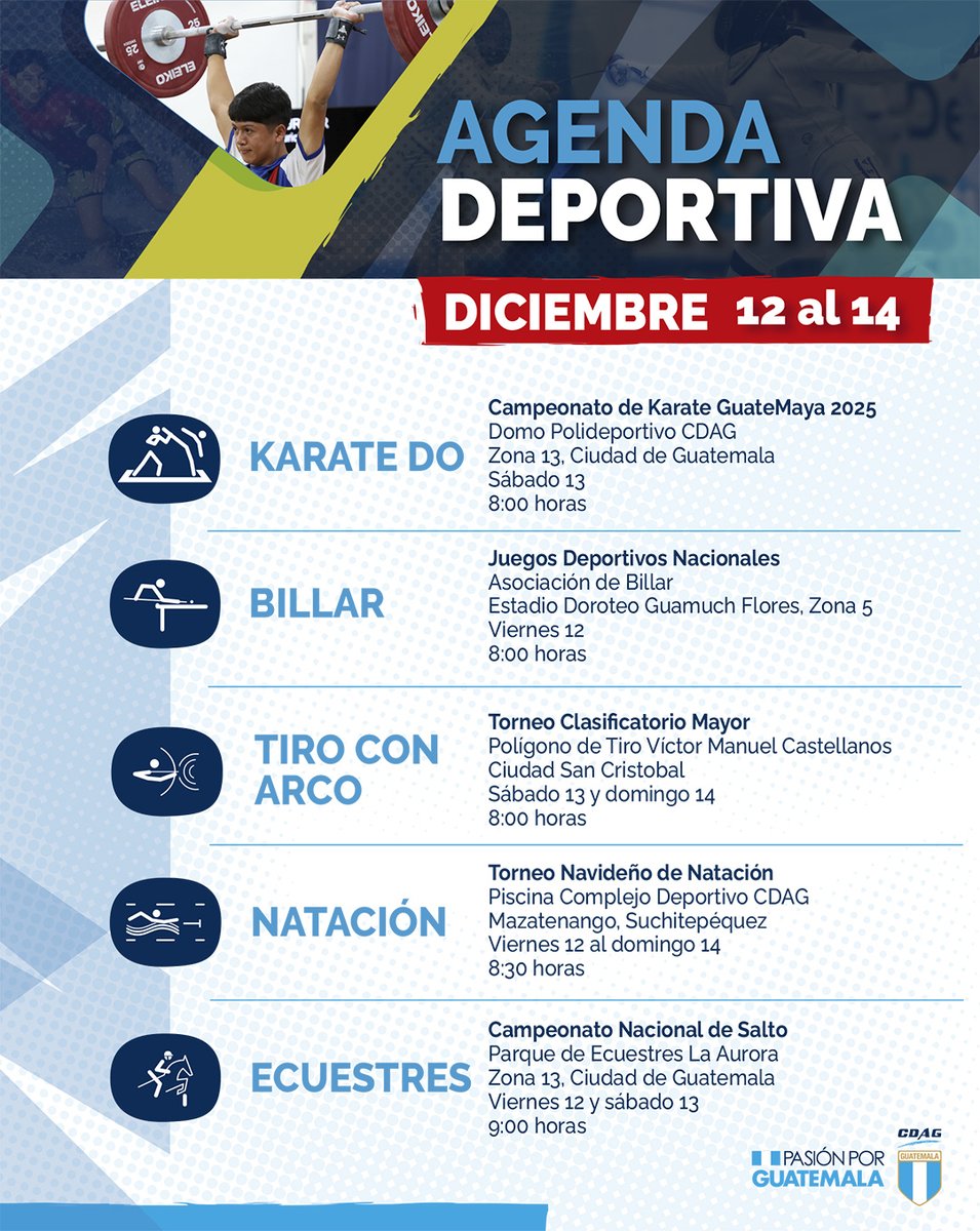 CDAG_Guatemala's tweet image. 📆💙 Aún quedan actividades del deporte federado para este año. Encuéntralas en nuestra agenda deportiva. 💪🇬🇹

#Guatemala #Deportes #Atleta #Agenda #AgendaDeportiva