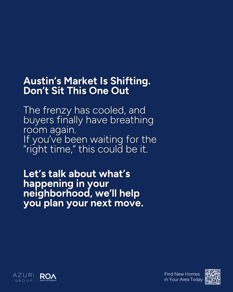 AzuriRealty's tweet image. Think the market moved on without you? Think again. 👀
Austin’s real estate scene is evolving — with more homes on the market and new opportunities for buyers ready to make their move.

Curious what this means for your neighborhood? Let’s chat.
#AzuriGroupTX #AustinRealEstate