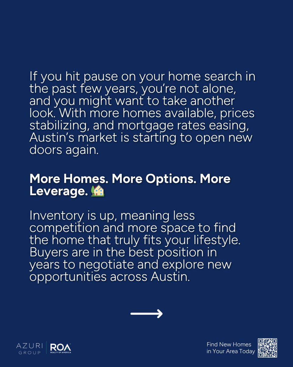 AzuriRealty's tweet image. Think the market moved on without you? Think again. 👀
Austin’s real estate scene is evolving — with more homes on the market and new opportunities for buyers ready to make their move.

Curious what this means for your neighborhood? Let’s chat.
#AzuriGroupTX #AustinRealEstate