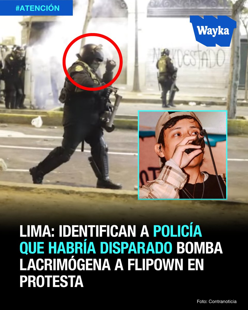WaykaPeru's tweet photo. Tras una revisión de fotografías y videos, el medio de prensa "Contranoticia" identificó al efectivo policial que habría disparado la lacrimógena que impactó en la cabeza de Luis Reyes Rodríguez, conocido como Flipown, dejándolo gravemente herido, durante la protesta en Lima, el pasado 15 de octubre, contra la presidencia de José Jerí.

El medio difundió la fotografía del efectivo policial y se espera que la Policía lo ubique para las investigaciones correspondientes; tal como ocurrió en el caso de Eduardo Ruiz, "Trvko", donde los registros audiovisuales permitieron identificar al suboficial terna Luis Magallanes como autor del disparo letal.