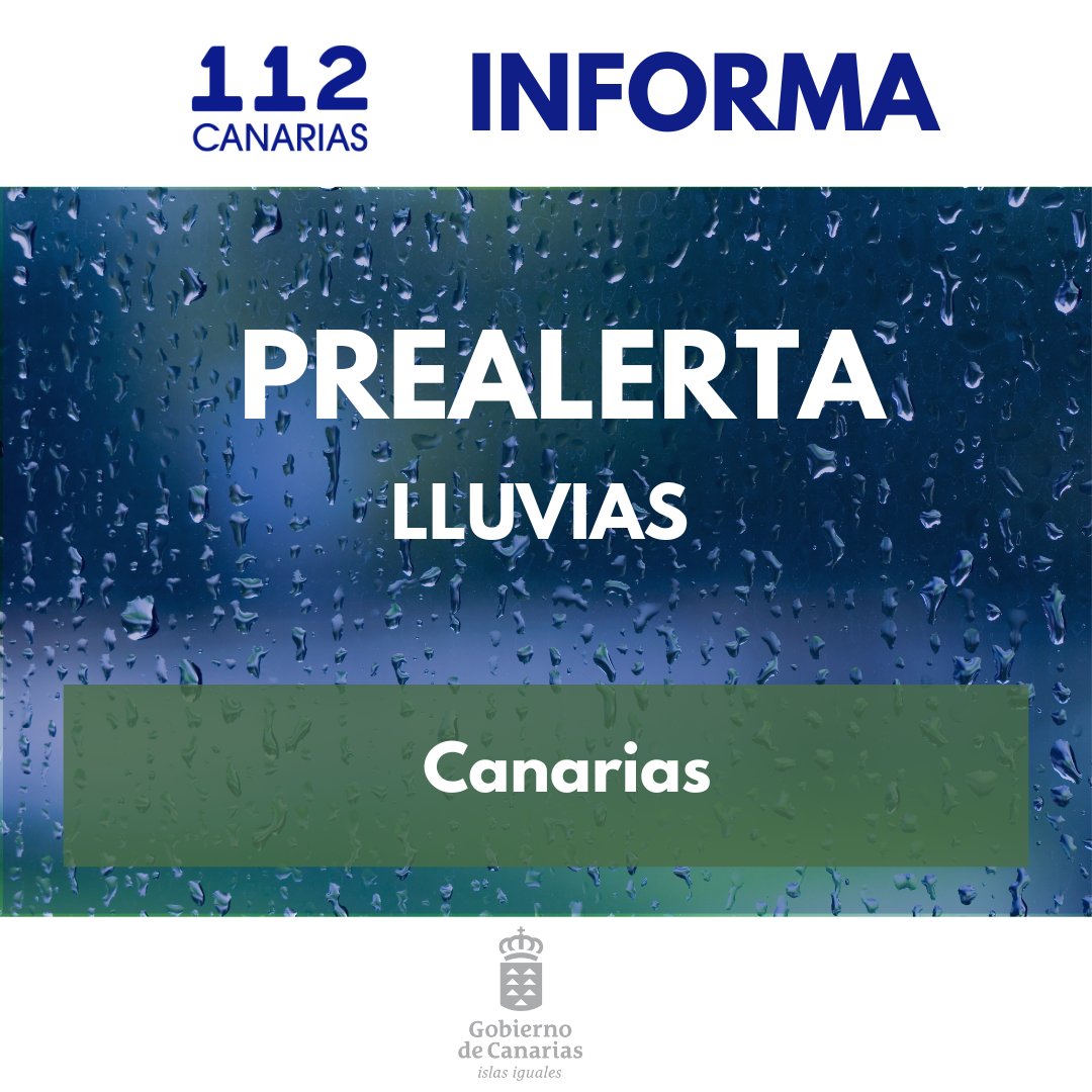 La Dirección General de Emergencias declara la #PrealertaLluvias en todo el Archipiélago  

🗓️12/12 
🕕06:00 horas

Más información y consejos⬇️
www3.gobiernodecanarias.org/noticias/el-go…