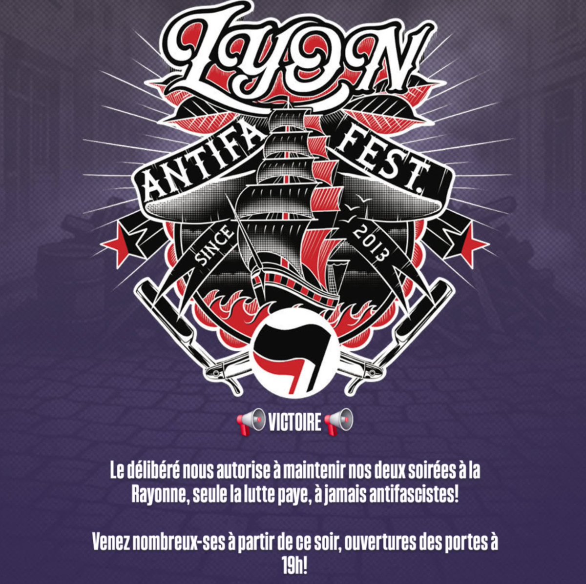 Victoire en référé liberté pour l'Antifa Fest de Lyon.

L'interdiction prononcée par la préfecture du Rhône – à la demande du syndicat policier Alliance et du ministre de l'Intérieur Laurent Nuñez – a été invalidée.

Bon festival, les ami·es !

#Antifa