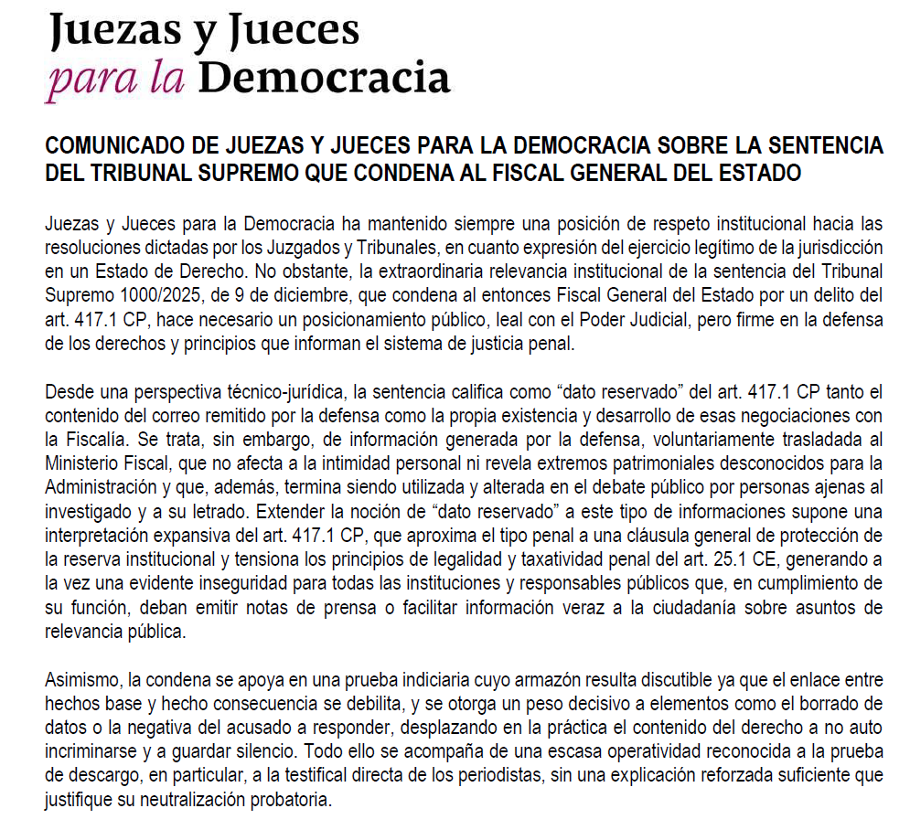 JpDemocracia's tweet photo. 📢 Comunicado del Secretariado de Juezas y Jueces para la Democracia sobre la sentencia del Tribunal Supremo que condena al Fiscal General del Estado

https://t.co/U7vTaXUCf9 https://t.co/0YrHFypEBJ