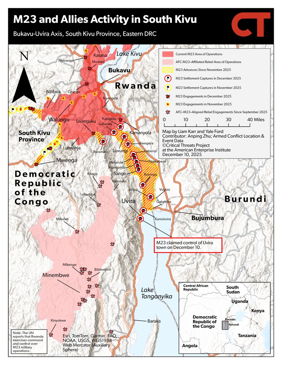 criticalthreats's tweet image. NEW | Rwandan-backed rebels captured Uvira with Rwandan army (RDF) support, effectively marking the defeat of the DRC in South Kivu province.

The fall of Uvira is Burundi's gravest national security threat in years, posing the risk of an expanded regional war without…