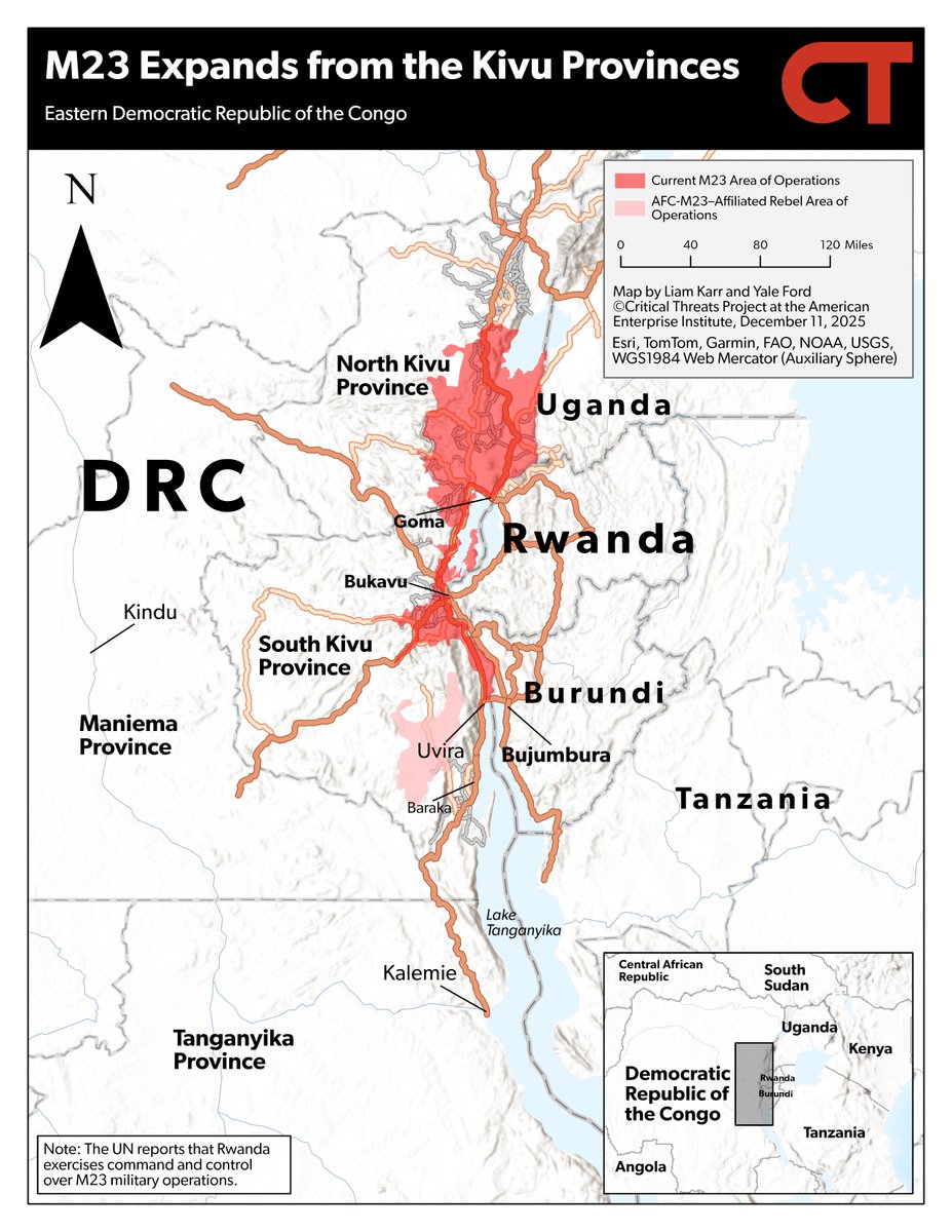 criticalthreats's tweet image. NEW | Rwandan-backed rebels captured Uvira with Rwandan army (RDF) support, effectively marking the defeat of the DRC in South Kivu province.

The fall of Uvira is Burundi's gravest national security threat in years, posing the risk of an expanded regional war without…