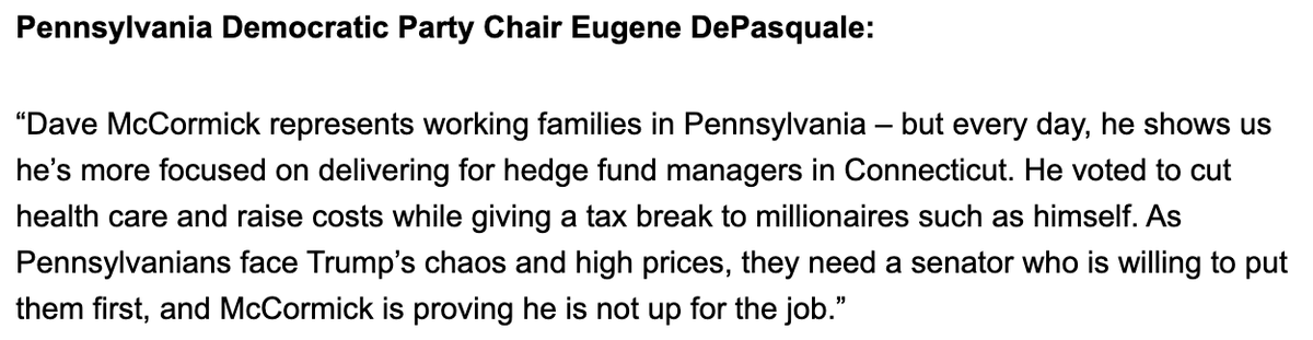 PADems's tweet image. From @DePasqualePA on @DaveMcCormickPA's vote to allow Pennsylvania families' health care costs to skyrocket