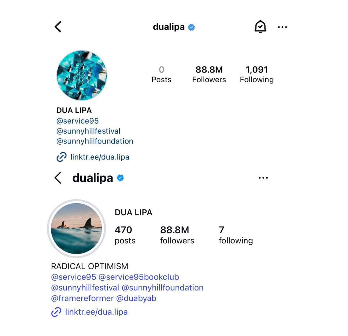 InfoDuaBrasil's tweet photo. 📸 | FIM DE UMA ERA! Durante a era RO, Dua Lipa publicou 470 posts no Instagram, removeu mais de 1 MIL seguidores e lançou as marcas “Frame” e “DUAbyAB”. Mesmo com todas as mudanças, ela se manteve estável nos números, começando e terminando a era com 88,8M de seguidores. https://t.co/BLDM0ABEY0