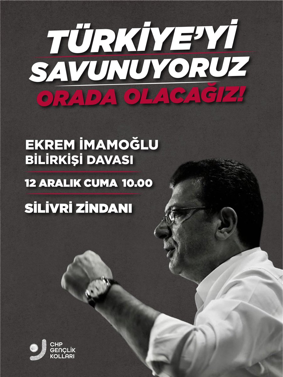 Türkiye'yi savunuyoruz. 

Silivri'de Cumhurbaşkanı Adayımız Ekrem İmamoğlu'nun yanında olacağız.

🗓️12 Aralık Cuma 10.00
📍Silivri Zindanı