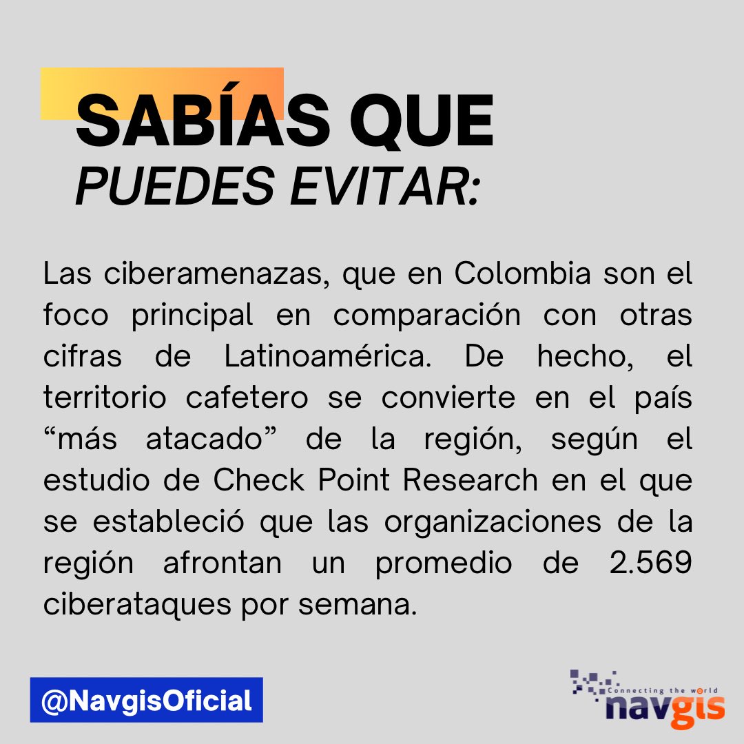 Cada día crecen en Colombia los casos de delitos cibernéticos. Tú puedes prevenirlos, ¿sabes cómo? 

Nosotros te contamos. 

📧 ceo@navgis.com
🌐 navgis.com

#Tecnología #Technology #IoT #Internetdelascosas #Enterprise #Comunicaciones #Comms #Ciberseguridad #Cyber