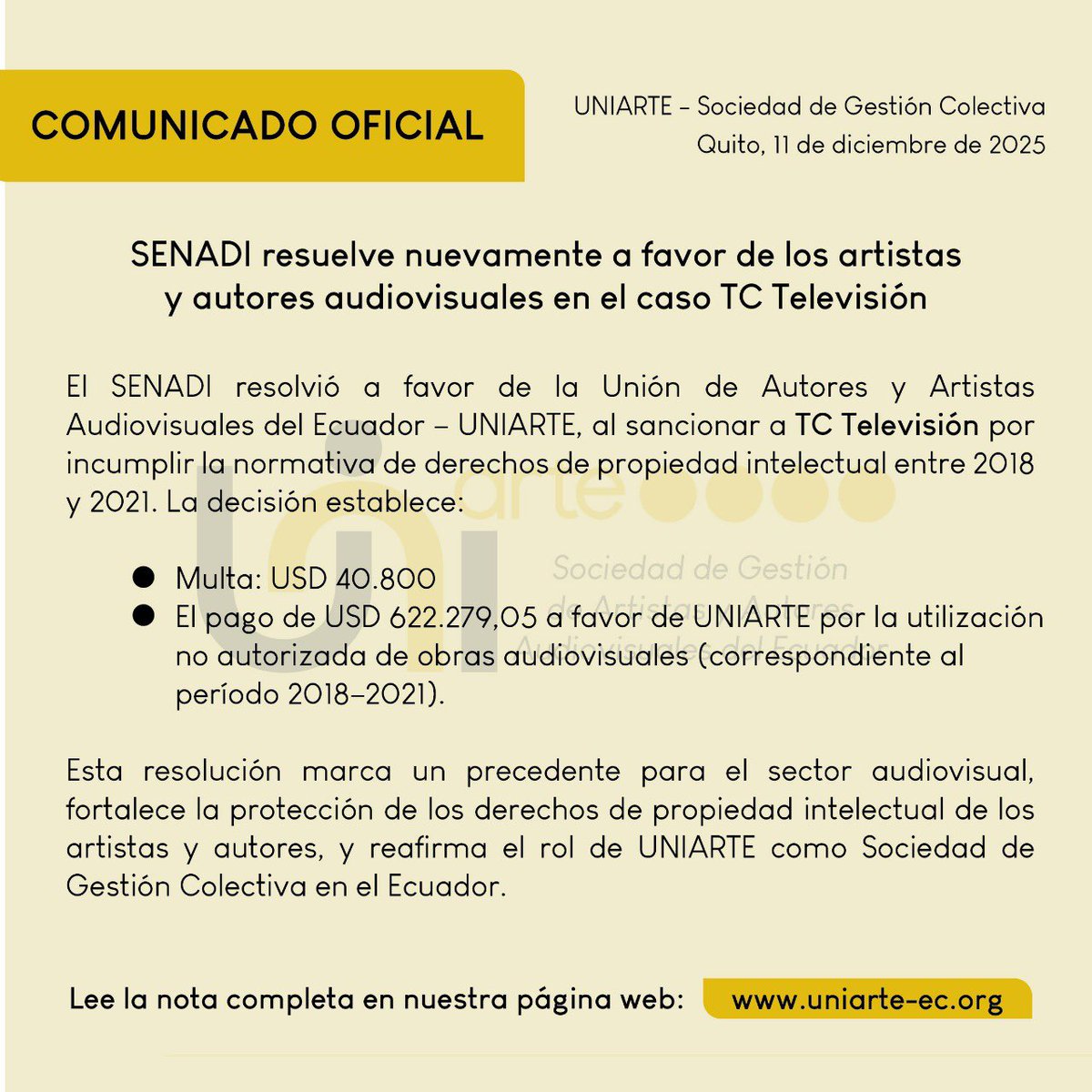 Continuamos con paso firme hacia la justicia para los artistas y autores audiovisuales del país. 
 
📌 Lee la nota completa en nuestra página web: uniarte-ec.org 
 
Para más información: comunicacion@uniarte-ec.org