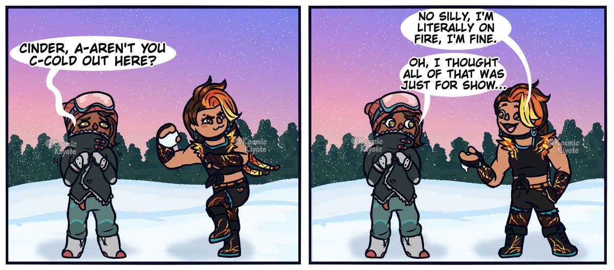 KosmicKiyote's tweet image. I'm not sure what's more concerning, the fact that Cinder is wearing a crop top out in the cold...or the fact that she's on fire... Well at least she's "fine"😅

💙&amp;amp;🔁Appreciated!
#Fortnite #Winterfest #Powder #Cinder #FortniteFanArt